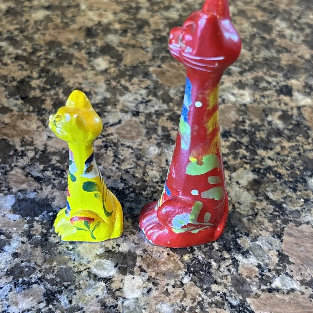 2 Vintage Long Necked Cat Figurines Hand Painted in Portugal Red Yellow Folk Art